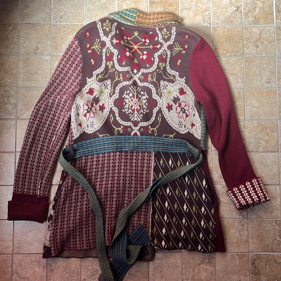 Anthropologie Sparrow Patchwork Jacquard Sweater Coat Belted Cardigan Pockets - Picture 2 of 15